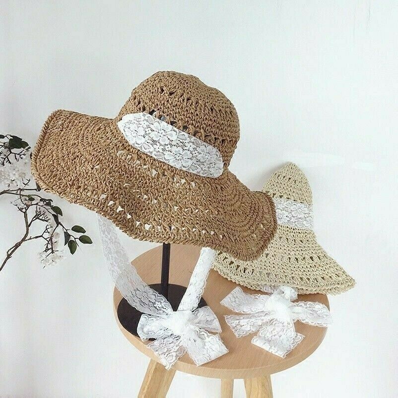 Donna Pizzo Paglia Spiaggia Estiva Cappello Largo con Falda Sole Piegabile Basse