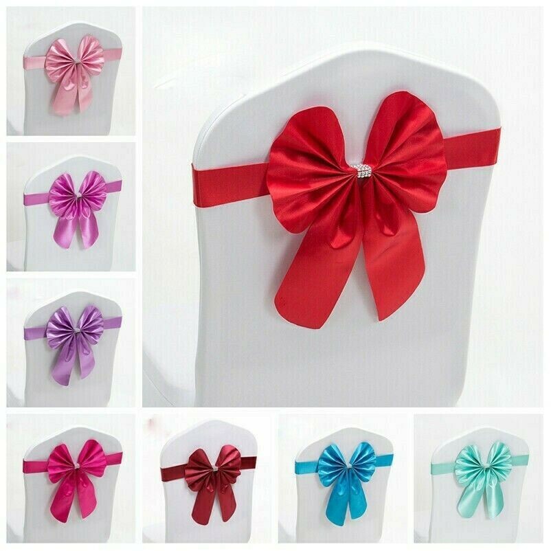 10X Chair Sash Bow Satin Bowknot Solid Slider Seat Band Wedding Party