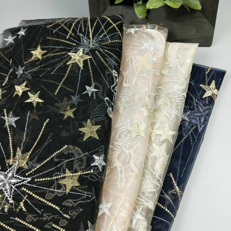 Embroidery Star Mesh Fabric Sheer Tulle DIY Tutu Skirt Wedding Dress Cloth Craft