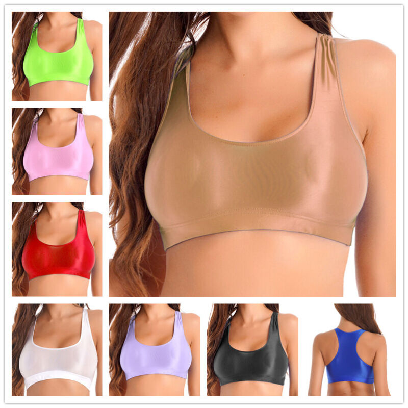 Womens Glossy Racerback Sports Yoga Bra Fitness Crop Tank Top Bikini Vest Blouse