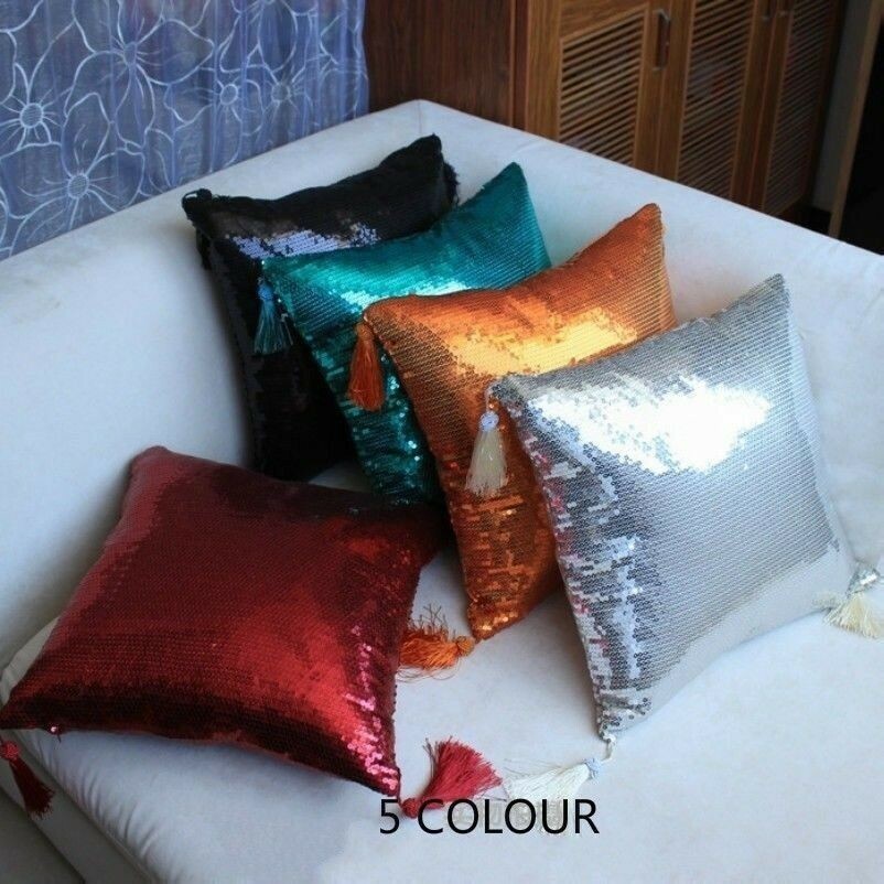 Throw Pillow Case Cushion Cover Sequin Tassel Fringe Shiny Sofa Bed Home Decor