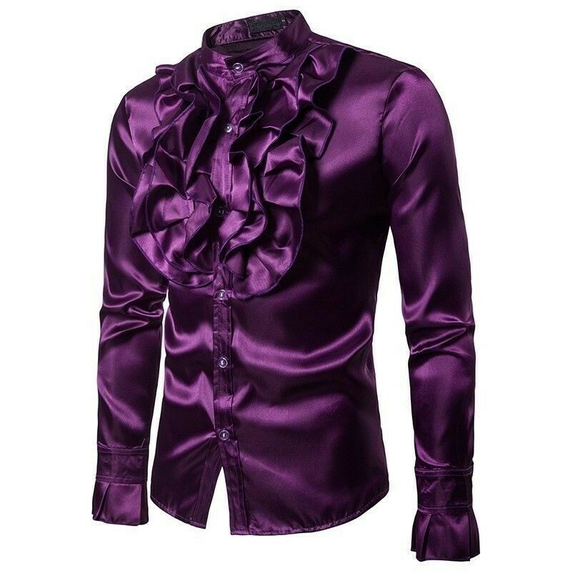 Men Faux Silk Satin Ruffle Shirt Tops Long Sleeve Fancy Costume Victorian Retro