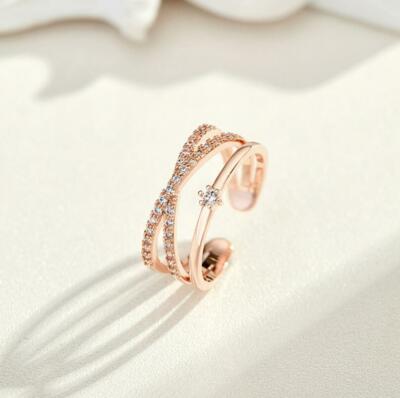3 Layers Rose Gold GP Pave Cubic Zirconia X-Shape Wave Adjustable Ring