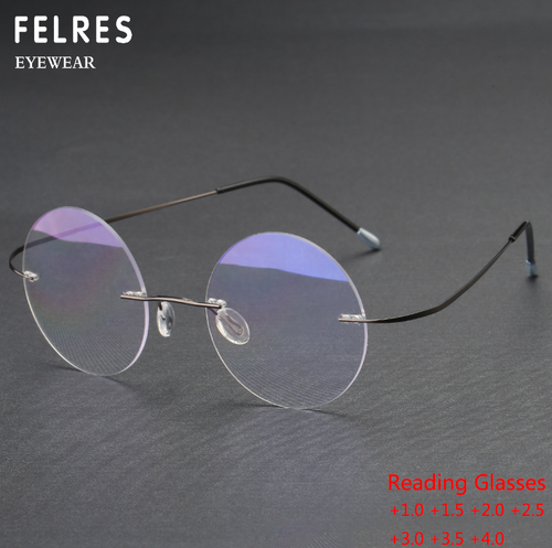Men Metal Round Rimless Blue Light Blocking Reading Glasses Clear Lens Glasses