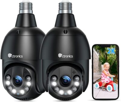 Ctronics 2K 4MP Light Bulb Security Camera,355° PTZ IP Surveillance Camera -2PCS