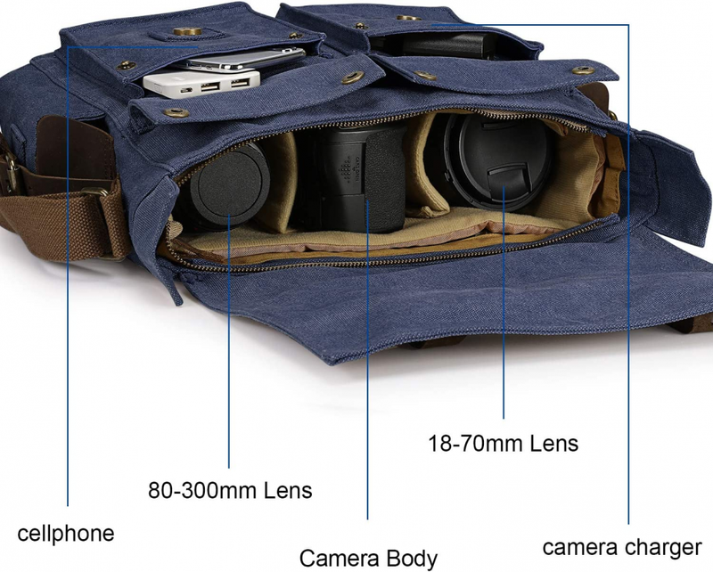 S-ZONE Vintage Camera Messenger Bag Leather Canvas DSLR Shoulder Blue