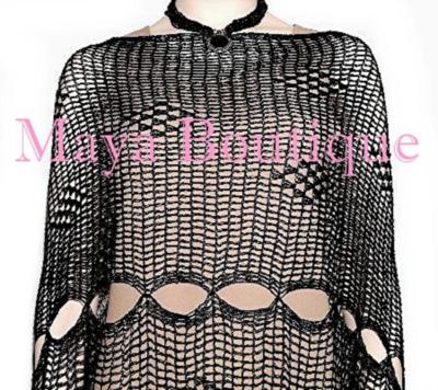 Pre-owned Maya Matazaro Black Crochet Poncho Top Asymmetrical Rayon-silk  One Size
