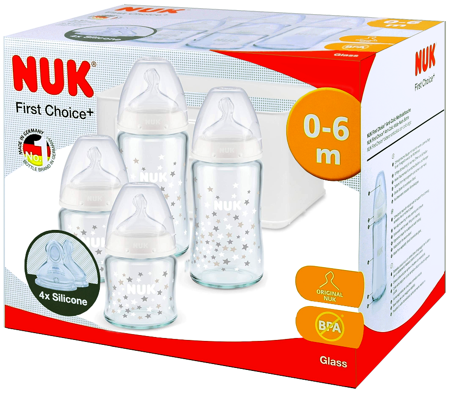 NUK FIRST CHOICE+ Baby Anti-Colic SET 4x Glas Babyflaschen & Silikon-Trinksauger