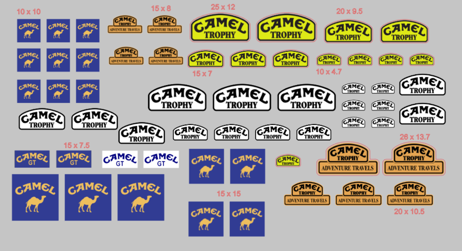 Decalcomanie Decals CAMEL Trophy Tabac decal 1/43 1/32 1/24 1/18 rally