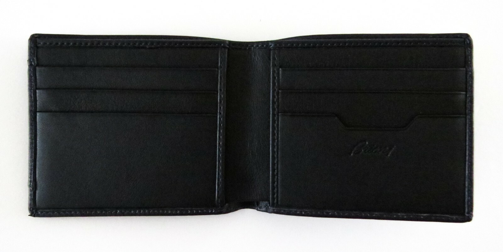 Pre-owned Brioni $750  Dark Blue Leather With "b" Logo Bifold Wallet Id Card Holder W/ Box