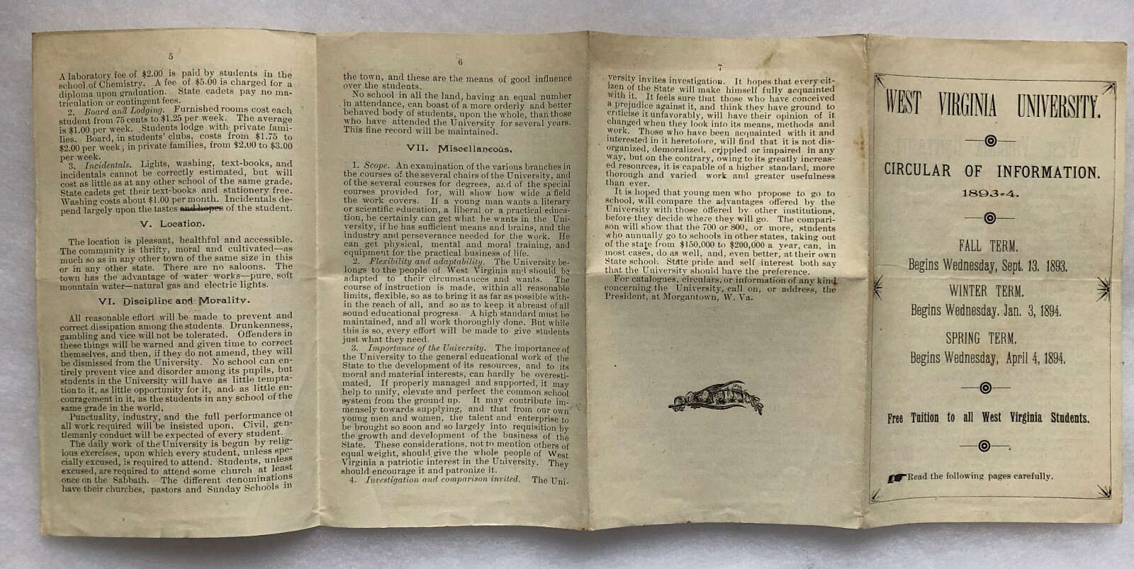 1893 WEST VIRGINIA UNIVERSITY ADVERTISING BROCHURE - EARLY PIECE