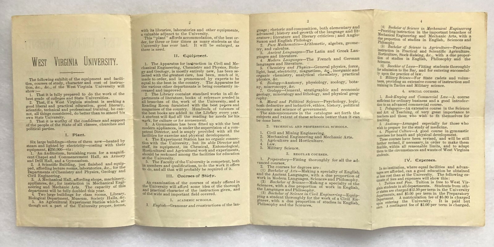 1893 WEST VIRGINIA UNIVERSITY ADVERTISING BROCHURE - EARLY PIECE