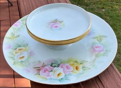 RS GERMANY Tillowitz 2-Tiered Cheese Cracker/Snack Tray Roses Pink Yellow White
