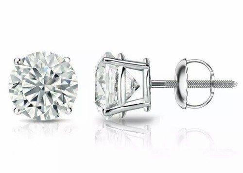 2 CT Round Cut Certified Moissanite Stud Earrings 14K White  Gold Screw Bk  7mm