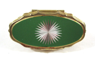 Vintage Diamond Cut Green Mon Image Flip Up Mirror Lipstick Holder Paris Present