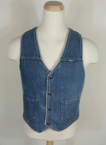 Vintage 70's Nelson Distressed Worn Faded Denim Lined Work Vest Jacket Medium