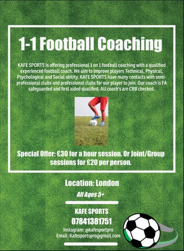 1 on 1 Football coaching/training to take your game to the next level! Join the KAFE SPORTS team