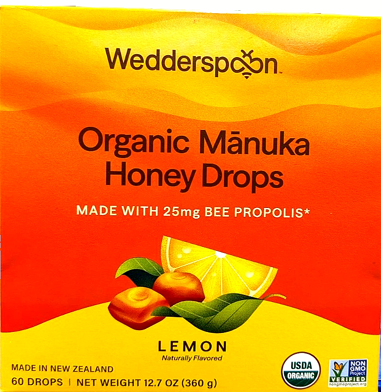Wedderspoon Organic Manuka Honey Drops Lemon 60 Count EXP 10/2028 NEW LABEL
