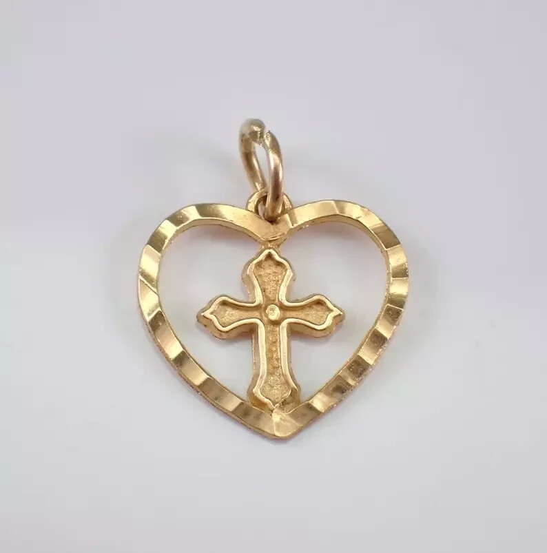 925 Sterling Silver Heart Cross Pendant 14K Yellow Gold