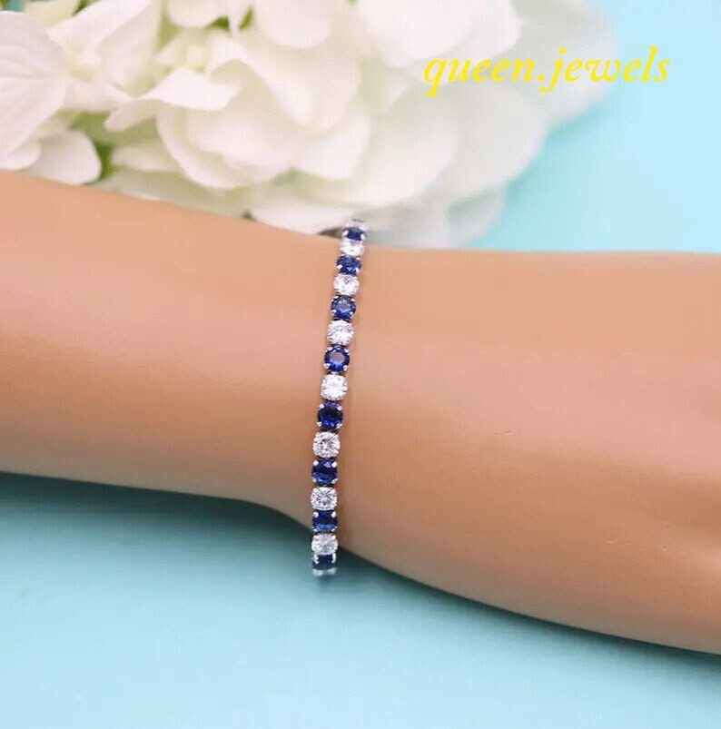 8CT Round Lab-Created Blue Sapphire & Diamond Tennis Bracelet 14K White Gold FN - Picture 4 of 4