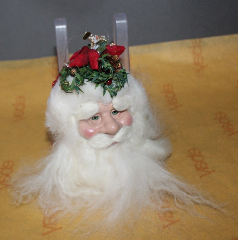 Vintage Santa Head Christmas Holiday Ornament With Red Velour Hat Wreath Topper