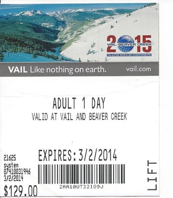 Vail And Beaver Creek Ski Area Lift Ticket 3 2 2017