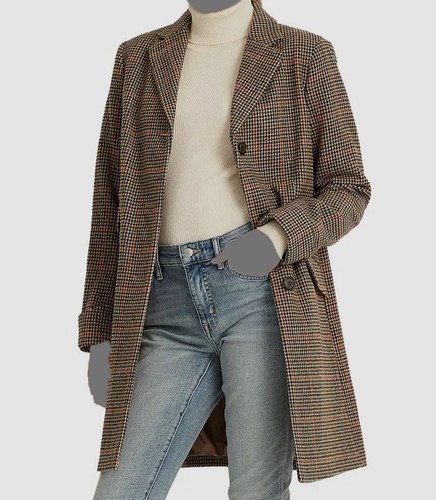 $345 Ralph Lauren Women's Brown Walker Houndstooth Wool Coat Jacket Size 2