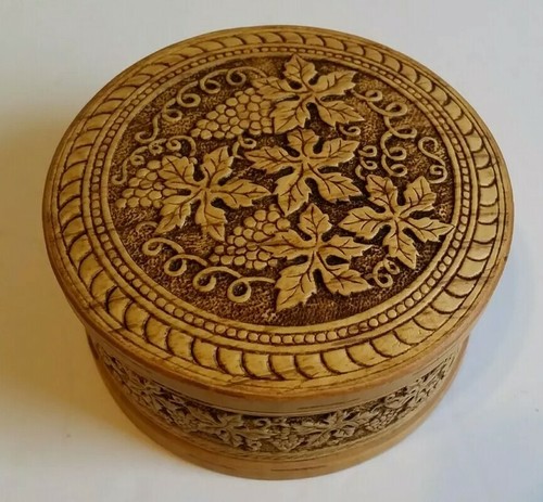 Handcrafted Russian Birch Bark Grape Vine Leaf Decorated Jewelry and Trinket Box