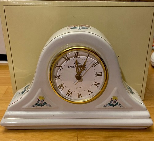 Vintage Laura Ashley White Porcelain Mantle Clock Floral Gold Edging Works