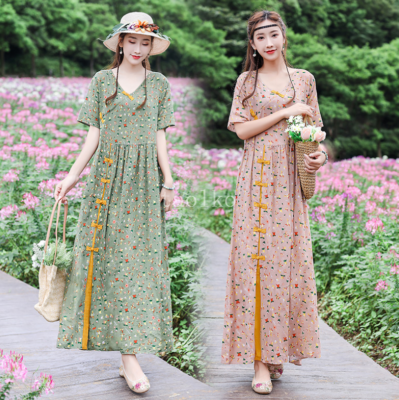 Ethnic Style Cotton Linen Floral Printed Ball Gown Short Sleeve Women Maxi Dress