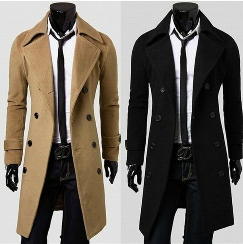 Mens Double Breasted Woolen Jacket Trench Coat Overcoat Slim