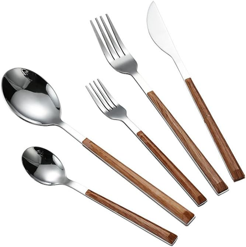 Stainless Steel Imitation Wood Handle Cutlery Set, Silverware Tableware Fork Spo