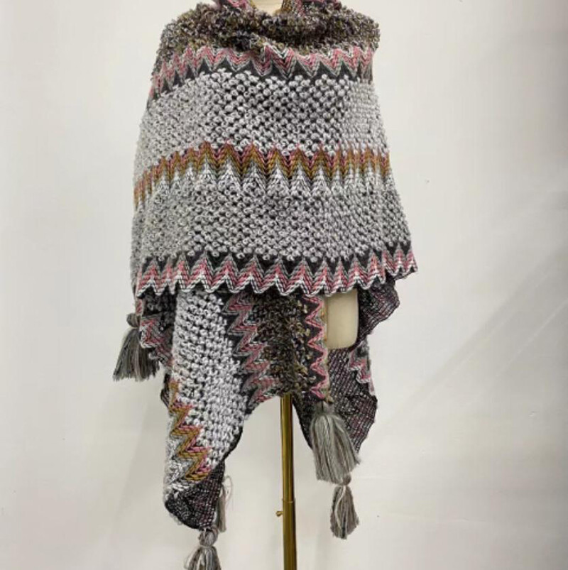 Women Chunky Knitted Scarf Shawl Cape Ethnic Tassel Striped Cloak Wrap Cardigan