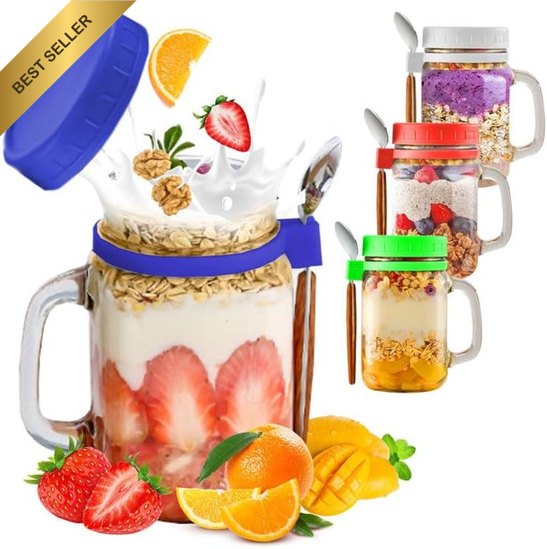 4Pack Overnight Oats Containers with Lids and Spoons, 500 ML Glass Mason Overnig