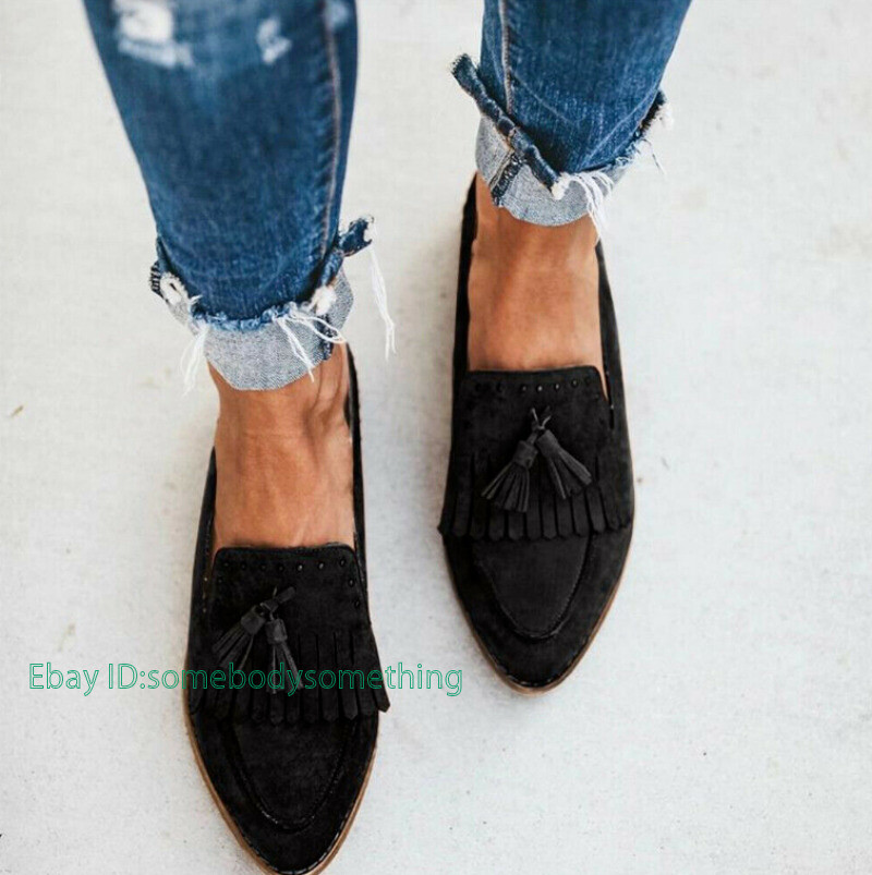 Womens Casual Slip-On Tassel Flats Loafer Oxfords Shoes Suede Pointed Toe Mules