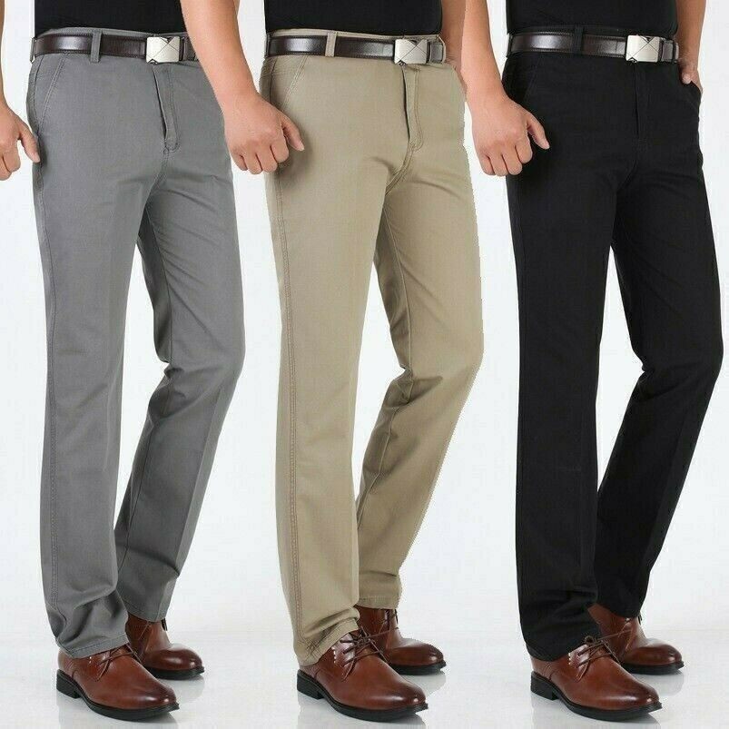 Uomo Cotone Casual Pantaloni Gamba Dritta Business Sottile Vita Alta Comfort