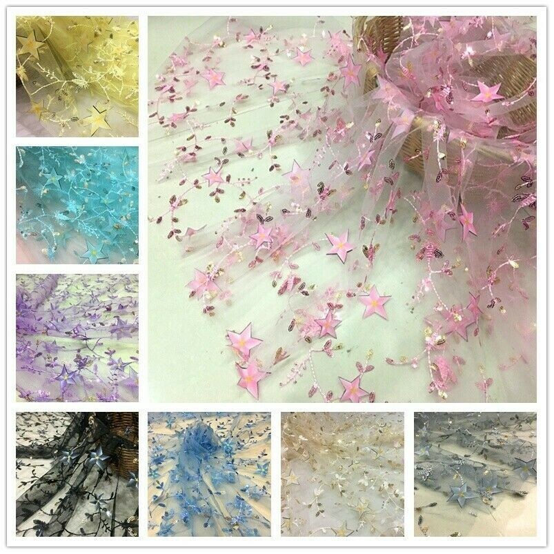 Pizzo 3D Stella Paillettes Rete Tessuto Ricamo Tulle Retino Abito Tenda Gonna