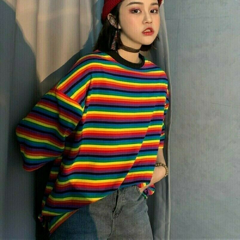 Donna Arcobaleno Striscia T-Shirt Loose Manica Corta Casual Top Harajuku Moda