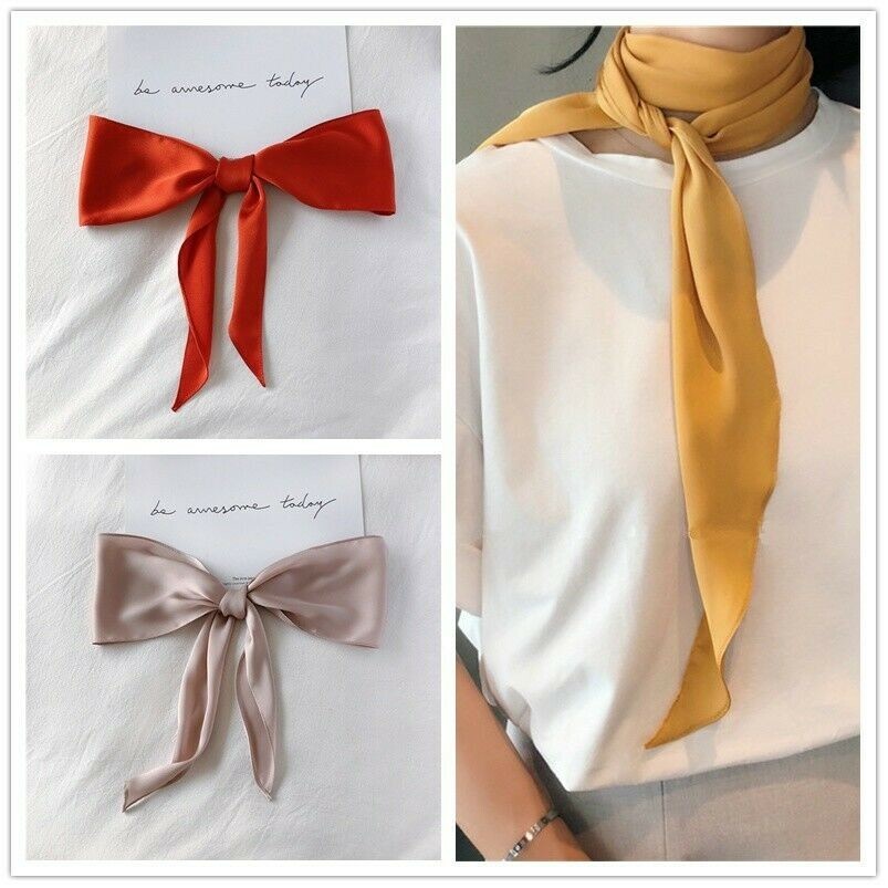 Women Chiffon Skinny Scarf Long Solid Color Faux Satin Silk Ribbon Tie Neck Bag