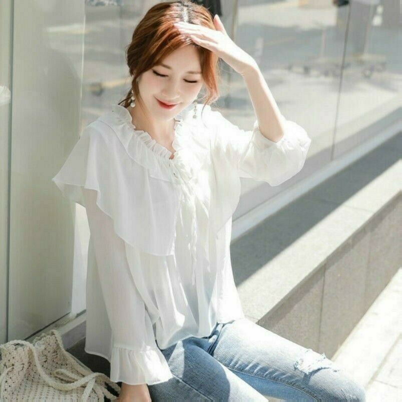 Top In Chiffon Da Donna Con Maniche Lunghe A Campana Ruffle Blusa Frilly Vintage