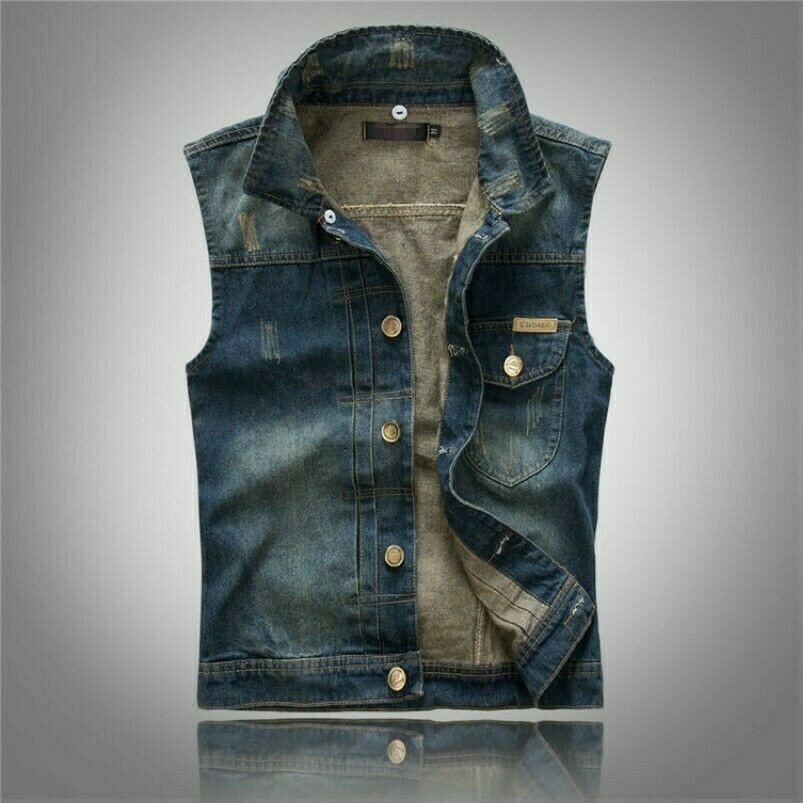 Uomo Jeans Gilet Biker Giacca Cowboy senza Maniche con Cappuccio Staccabile