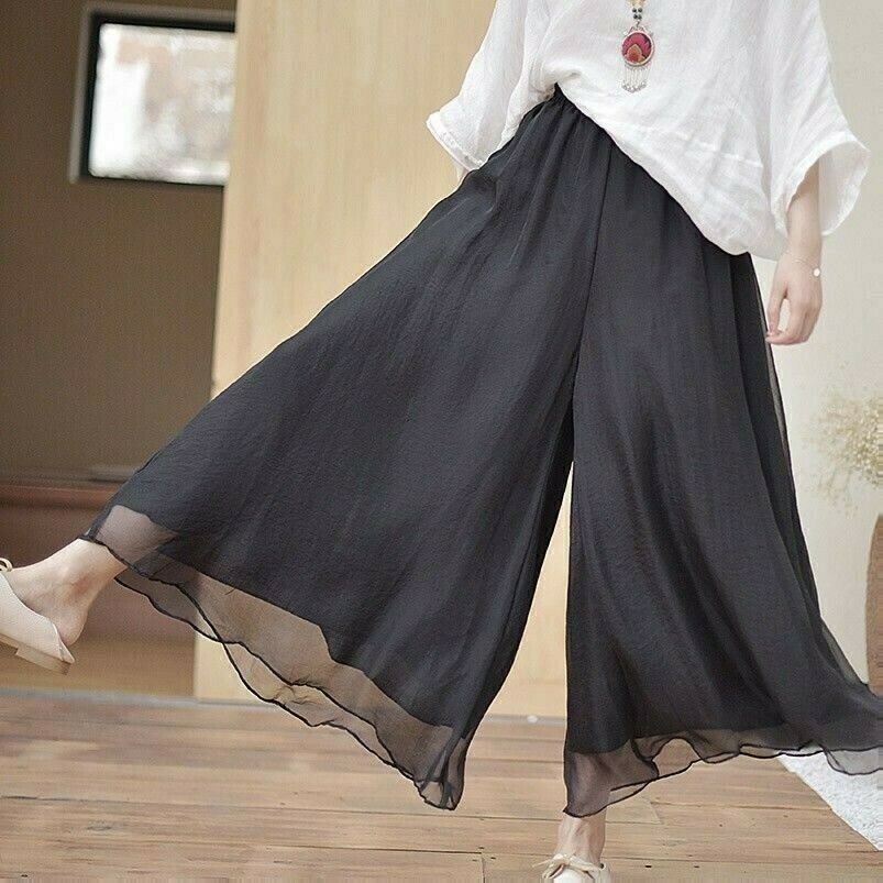 Donna Simil Lino Gamba Larga Pantaloni Lungo Stile Etnico Vintage Palazzo Danza