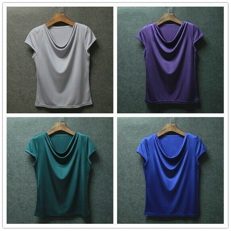 Damen Seide Hemden Kurzärmelig Oberteile Juwelen Ausschnitt Bluse Pullover