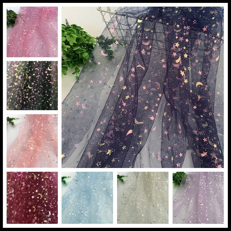 Star Moon Mesh Lace Fabric Shiny Glitter Curtain Skirt Dress Background Cute