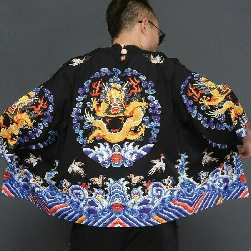 Giacca Yukata Giapponese Uomo Kimono Vintage Top Largo Moda Drago Cinese