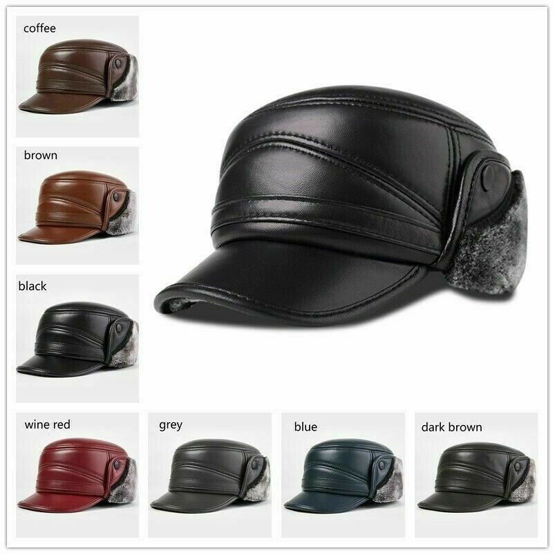 Herren Leder Trapper Hut Schafsfell Kappe Jagd Aviator Ohr Klappe Winter Retro