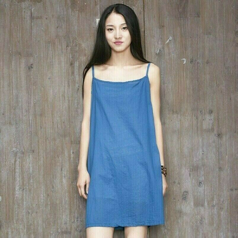 Abito Midi In Cotone E Lino Per Donna Senza Maniche Con Spalline Semplice Retro