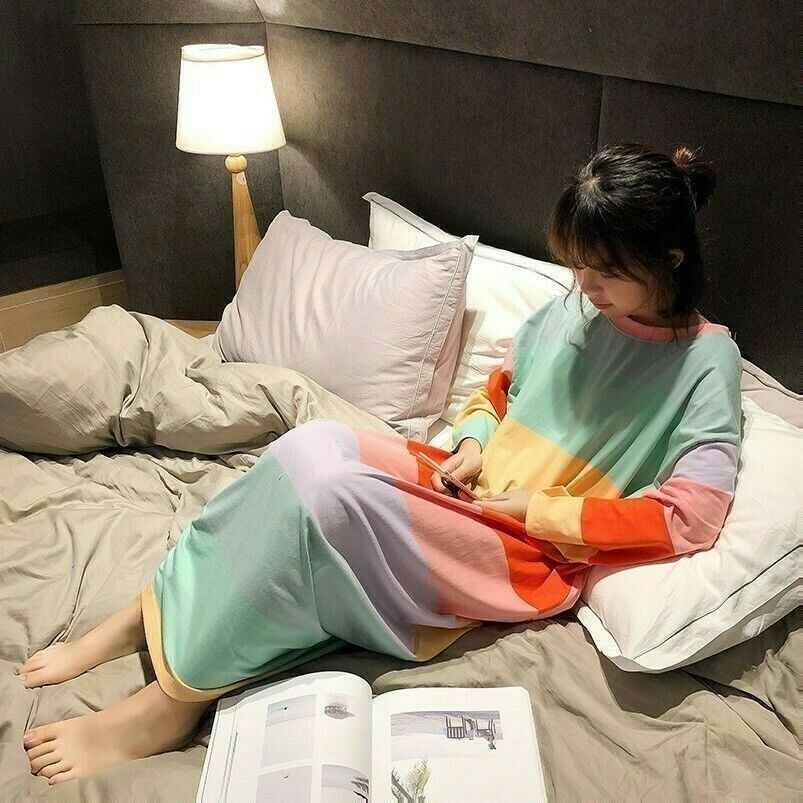 Donna Camicia da Notte Arcobaleno Biancheria da Notte Abito Manica Lunga Cotone
