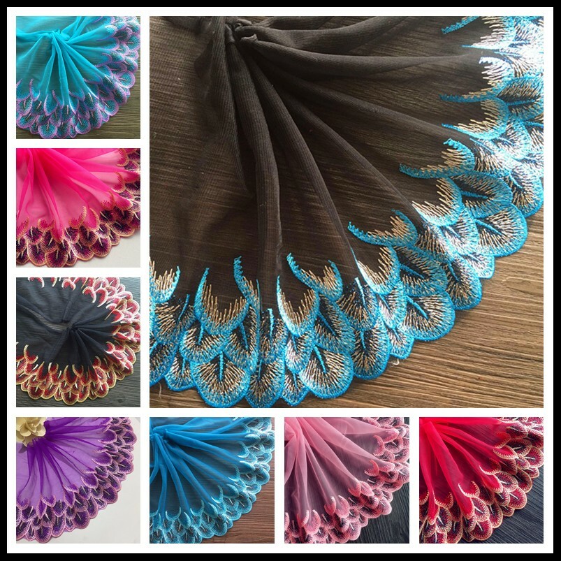 Embroidery Peacock Feather Edging Trim Fabric Mesh Craft Sewing DIY Dress Cloth
