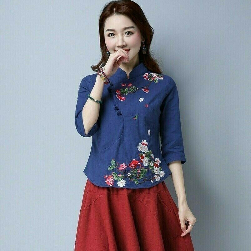 Camicia Top Blusa Ricamata Etnica Da Donna Floreale Vintage Retro Cinese